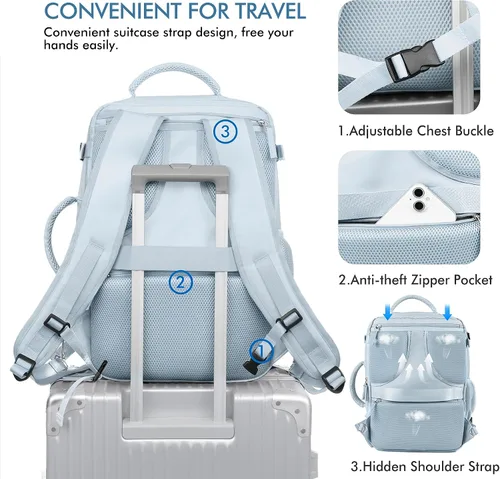 Miniatura 7 de Mochila de viaje de cabina aprobada por aerolíneas Beraliy para hombres y mujeres, Azul-claro, X-Grande, Mochilas de viaje