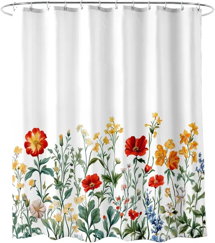 Cortina de ducha de jardín de flores silvestres, diseño floral de prado de acuarela, 72 x 72 pulgadas, tela de poliéster, juego de cortinas de ducha