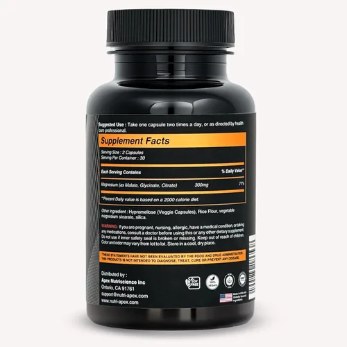 Miniatura 7 de Complejo de magnesio de 300 mg – Malato, glicinato y citrato – 60 cápsulas vegetales Relajación muscular, sueño, energía, estado de ánimo y apoyo