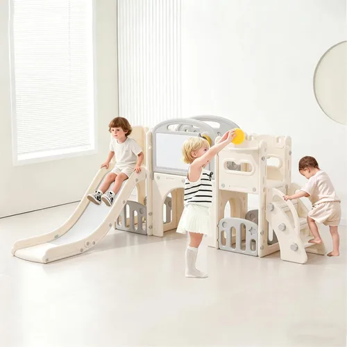Miniatura 10 de Juego para exteriores 11 en 1 con tobogán y columpio, parque infantil interior para niños, con aro de baloncesto, pasillo extralargo, tobogán