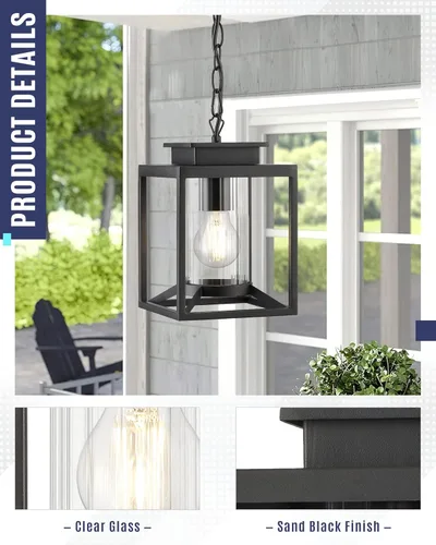 Miniatura 6 de Lámpara colgante exterior para porche, luz colgante negra de 1 luz, lámpara colgante exterior moderna con vidrio cilíndrico y cadena ajustable