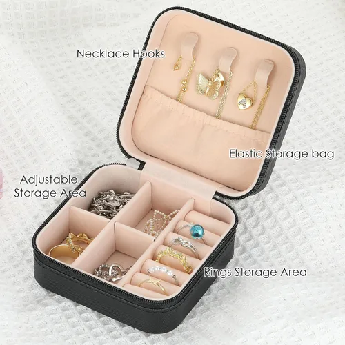 Miniatura 3 de MJartoria Joyero de viaje, pequeñas cajas de joyería para mujeres y niñas, caja organizadora de joyas portátil negra, regalos de moda
