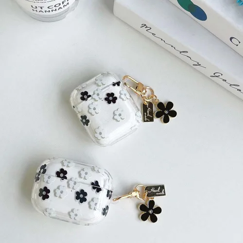 Miniatura 5 de Funda protectora para AirPods Pro de 1ª generación con llavero, bonita funda protectora para auriculares con flores negras y flores, TPU suave