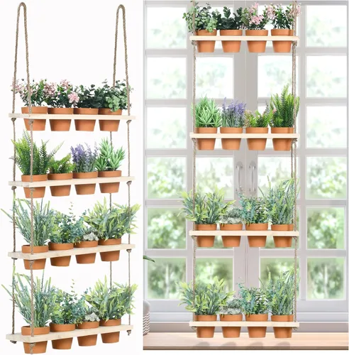 Miniatura 8 de FillTouch Macetas colgantes de hierbas de 3 niveles para colgar en la pared de jardín de hierbas con 12 piezas de maceta vertical de madera
