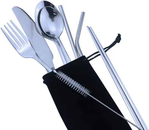 Miniatura 2 de Utensilios reutilizables plateados con estuche, saludables y ecológicos, juego de vajilla portátil de acero inoxidable de 8 piezas, juego de vajilla