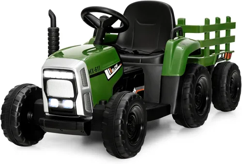 Costzon Tractor de paseo con remolque desmontable, vehículos eléctricos para niños con cargador de tierra de cambio de 3 marchas, diseño inalámbrico