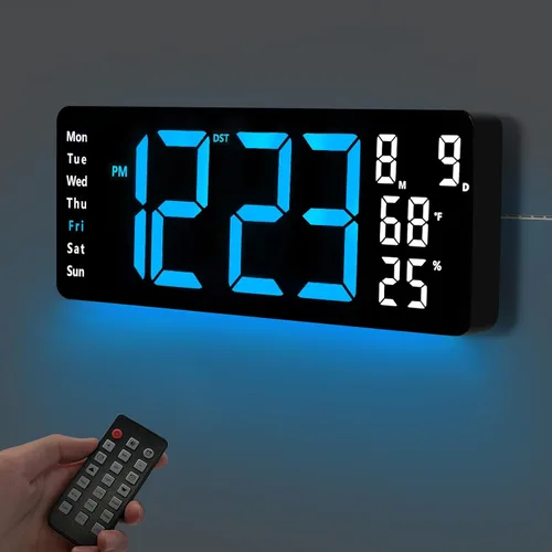 Reloj de pared digital de 17.5 pulgadas, pantalla LED con hora, fecha, mes, temperatura y humedad, control remoto DST, alarma, temporizador, brillo