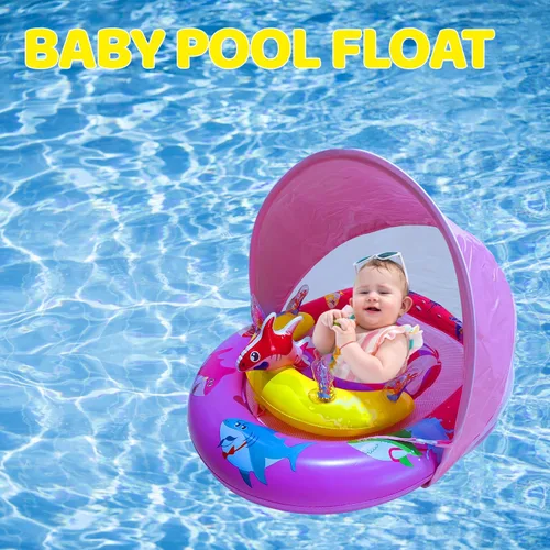 Miniatura 3 de Flotador inflable de piscina para bebés con toldo de protección solar UPF50+, asiento de seguridad ajustable y consola de juegos interactiva