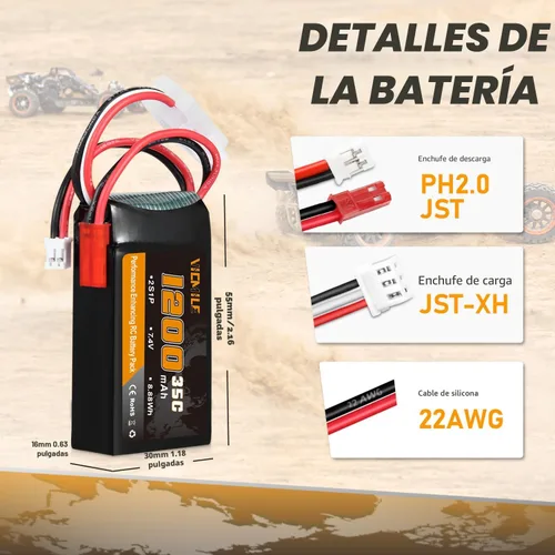 Miniatura 3 de Batería SCX24 7.4V 1200mAh Lipo Batería 2S 35C (Burst 70C) con PH2.0 JST Plug con 1TO2 Cargador USB apto para SCX24 RC Car WLtoys A949 A959 A969