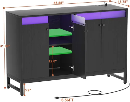 Miniatura 2 de Aheaplus Aparador de buffet con toma de corriente, armario de almacenamiento de cocina con luz LED y puertas, armarios de acento con almacenamiento