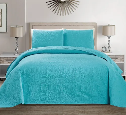 Linen Plus Collection - Juego de 3 piezas para cama King/California King de tamaño extra grande con colcha en relieve, color azul turquesa sólido,