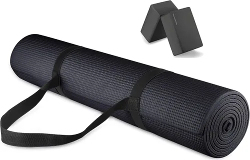 Fitvids Esterilla de yoga multiusos de 1/4 de pulgada de alta densidad antidesgarros, con correa de transporte y bloques de yoga, color negro