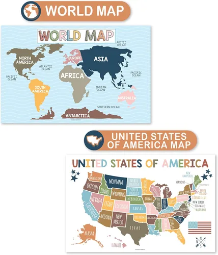 Miniatura 5 de Hadley Designs 4 carteles del alfabeto, mapa de Estados Unidos, mapa del mundo y sistema solar, gráficos ABC laminados para decoración de pared