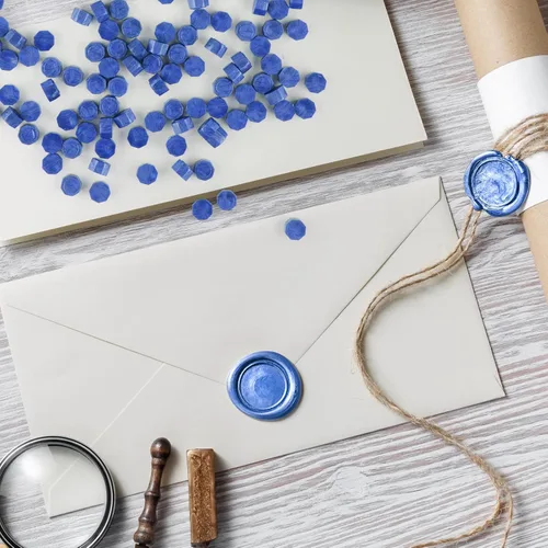 Miniatura 4 de Kit de 500 cuentas de sello de cera octágono azul cielo con 4 velas de té, 1 cuchara de fusión para manualidades, manualidades, letras, boda