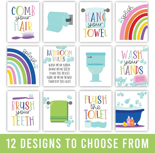 Miniatura 8 de Hadley Designs 6 impresiones artísticas reversibles para niños y niñas, arte de pared de 8 x 10 pulgadas, decoración de baño para niños, decoración