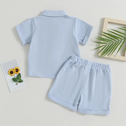 Miniatura 2 de AEEMCEM Conjunto de 2 piezas de camisa y pantalones cortos de algodón de lino de algodón de color liso para niños pequeños