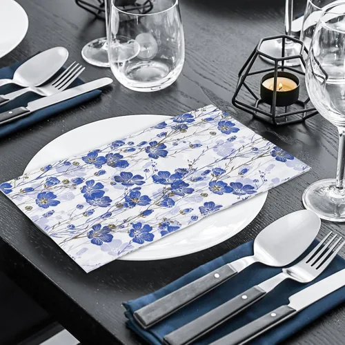 Miniatura 5 de AnyDesign Paquete de 80 servilletas de papel desechables con flores azules y blancas, servilletas de papel para cena, toallas de mano