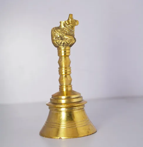 Miniatura 6 de Campana de latón para campana de templo Ghanti de 4.75 pulgadas, campana de Pooja de latón con estatua de Nandi en la parte superior, cascabel