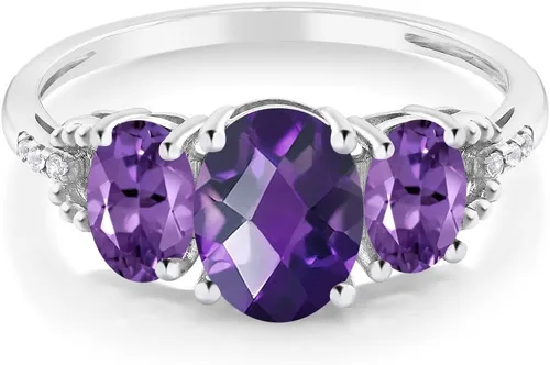 Miniatura 2 de Gem Stone King Anillo de compromiso ovalado de oro blanco de 10 quilates, amatista púrpura y diamante con detalle de 3 piedras