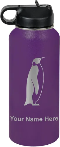 Miniatura 46 de LaserGram Botella de agua personalizada, pingüino, acero inoxidable de doble pared aislada al vacío con popote superior, regalo grabado