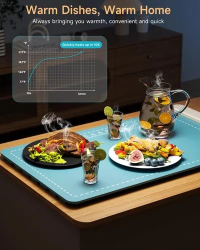 Miniatura 6 de Tapete de calentamiento para alimentos, calentador de alimentos esenciales para el hogar, 6 ajustes de temperatura y temporizador, calentamiento
