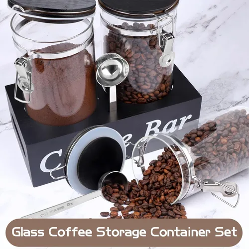 Miniatura 5 de WYTAOHZL 2 recipientes de café de vidrio con estante, organizador de estación de café de 54 oz, almacenamiento de granos de vidrio con cuchara