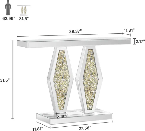 Miniatura 2 de Modernas mesas de consola de entrada con espejo con incrustaciones de diamante triturado dorado, mesa de pasillo plateada de 39.37 pulgadas de largo