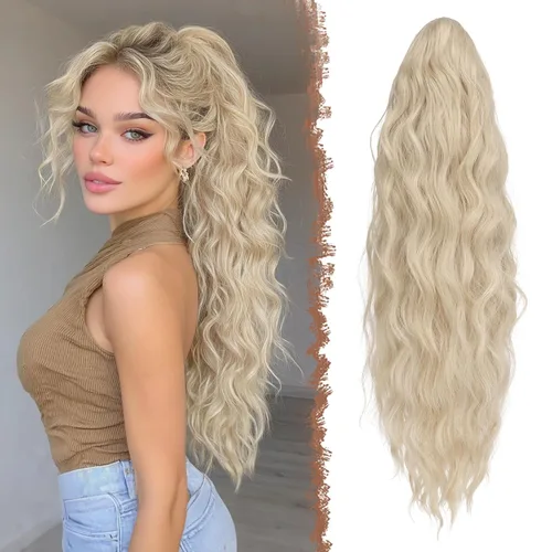 Miniatura 10 de FESHFEN Extensiones de cola de caballo – 26 pulgadas cordón largo rizado ondulado clip en colas de caballo pelo sintético extensiones de cola