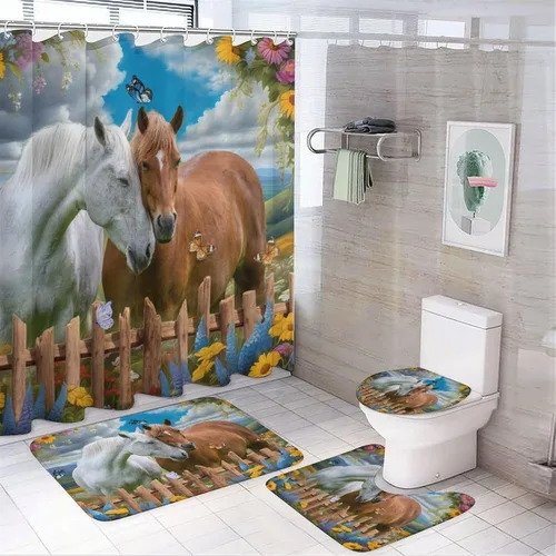 Brebasf - Juego de 4 cortinas de ducha impermeables realistas con diseño de caballo blanco y vida silvestre, cortinas de ducha rústicas con