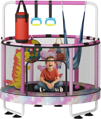 Miniatura 16 de Lamerge Kids Trampoline, Toddler Bouncing Trampoline with Safety Enclosure Net, ASTM-Approved, 500lbs Capacity, Ages 1-8, Adjustable Handrail