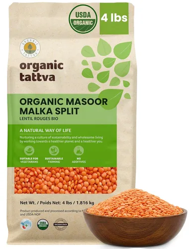 Organic Tattva Lentejas rojas divididas (4 libras) – Lentejas rojas Masoor Dal orgánicas, sin gluten, veganas y kosher – Lentejas secas, sin pulir y
