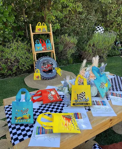 Miniatura 6 de BANBALLON 20 bolsas de recuerdo de fiesta de autos de carreras, no tejidas, bolsas de regalo para cumpleaños de niños, fiestas temáticas