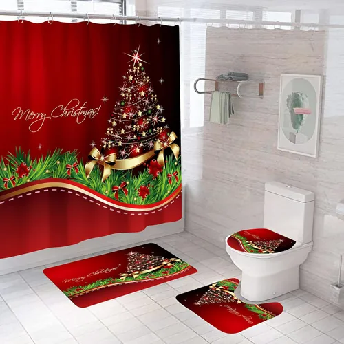 Juego de cortinas de ducha de Navidad para decoración de baño, cortina de ducha de árbol de Navidad, copos de nieve, cortinas de tela impermeable