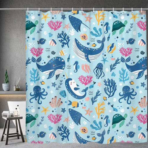 Cortina de ducha náutica para niños, azul bohemio, océano, tiburón, abstracto, dibujos animados, decoración de baño, con cortinas de ducha de tela