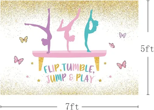 Miniatura 3 de MEHOFOND Telón de fondo de gimnasia de cumpleaños para niñas, gimnastas, volteador, saltar y jugar, suministros de decoración de fiesta, fondo