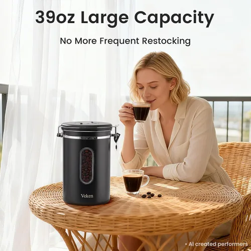 Miniatura 2 de Veken Recipiente de café con ventana, recipiente hermético de almacenamiento de alimentos de cocina de acero inoxidable con tapas, rastreador