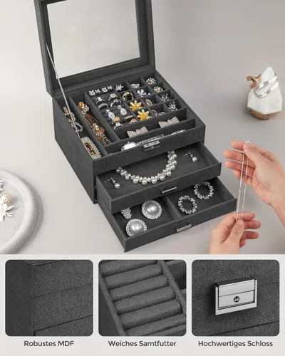 Miniatura 5 de SONGMICS Joyero, organizador de almacenamiento de joyas con cerradura, caja de joyería con ventana de cristal, para anillos, aretes, tachuelas