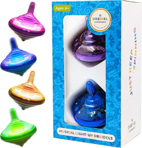 The Dreidel Company Hanukkah - Juego de camisetas giratorias con luces musicales Dreidel, reproduce 2 canciones clásicas de Hanukkah, colores