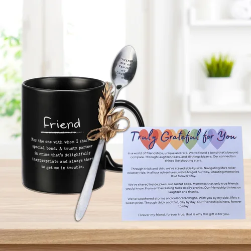 Miniatura 6 de Caja de regalo de taza de café con texto en inglés "Friends are the Family We Choose", taza de cerámica negra de 20 onzas, cuchara de acero