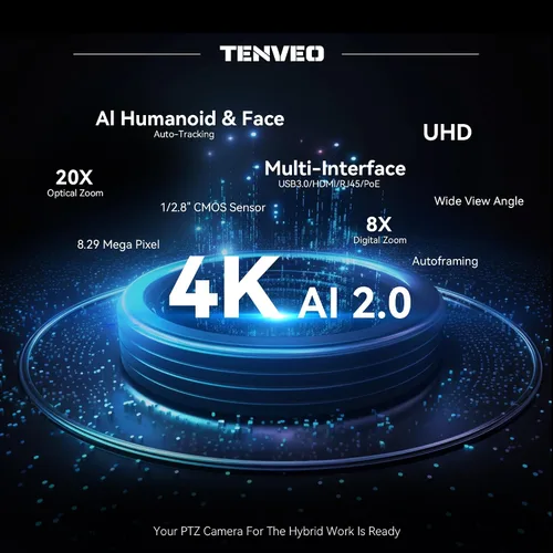 Miniatura 2 de Tenveo Cámara PTZ 4K AI Humanoid & Seguimiento Automático de Cara 20X Zoom Óptico+8X Digital Zoom USB3.0/HDMI/LAN PoE Cámara IP de Transmisión