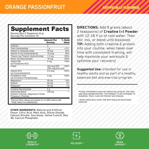 Miniatura 3 de Optimum Nutrition Creatina Monohidrato Plus en polvo, sabor a maracuyá naranja, mezcla de rendimiento de creatina con electrolitos