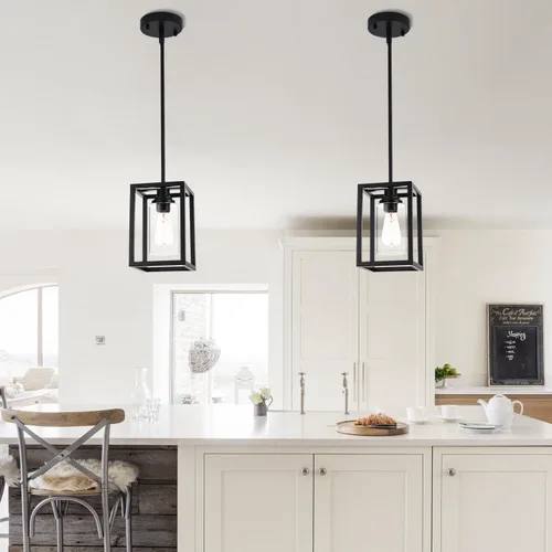 Miniatura 4 de Iluminación colgante de cocina sobre isla, lámpara colgante estilo granja de 1 luz negro mate, accesorios de luz colgante rectangulares de metal