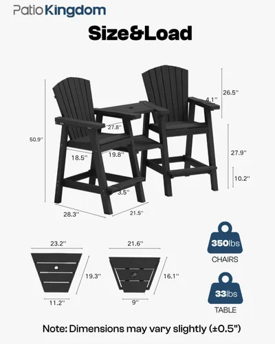 Miniatura 3 de Juego de 2 sillas altas Adirondack de Patio Kingdom, sillas de cubierta de HDPE con bandejas conectadas y agujero para sombrilla, taburetes de bar