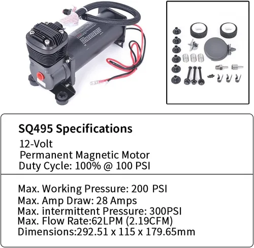 Miniatura 6 de Compresor de aire ultra silencioso, 1/4 NPT, súper silencioso, 69 dB, 12 V, compresor de suspensión de aire de 300 PSI para tren/camión/coche, negro