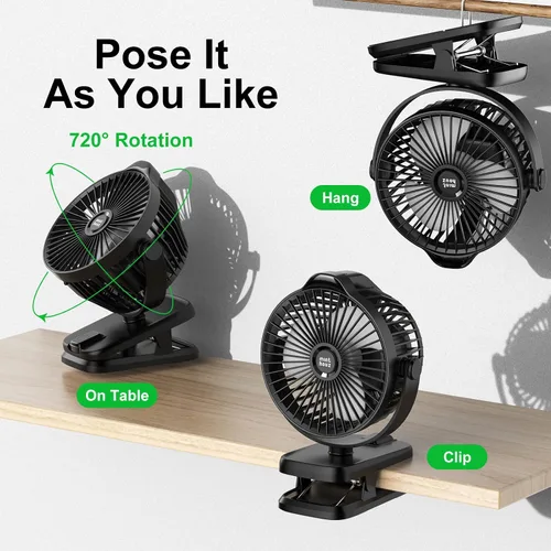 Miniatura 5 de Minthouz Ventilador de clip – Ventilador pequeño recargable USB C de 8000 mAh con indicador de nivel de batería, rotación de 720° de bajo ruido