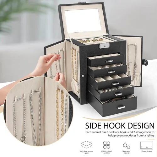 Miniatura 5 de AKOZLIN Joyero de 6 capas con cerradura, estuche de almacenamiento de joyería de cuero con 5 cajones para mujeres y niñas, anillo collar, aretes