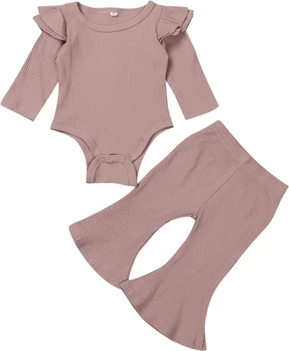 Ropa para bebé y niña, acanalado, con volantes, manga larga, mameluco, pantalones acampanados, color sólido, otoño, invierno, trajes de 2 piezas