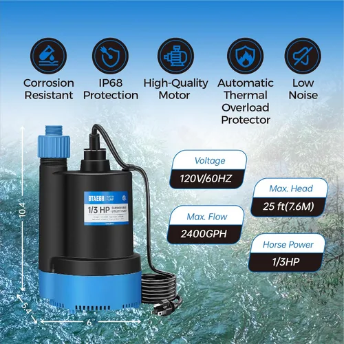 Miniatura 2 de Bomba de agua sumergible de 1/3 HP 2400 GPH Bomba de sumidero pequeña termoplástica eléctrica portátil de transferencia bomba limpia para piscina