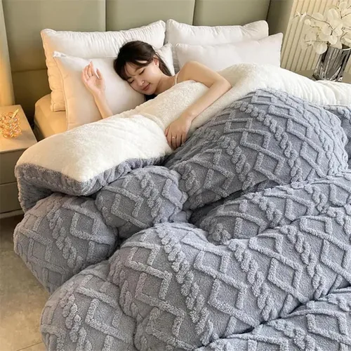 Miniatura 6 de Edredón de felpa de cordero grueso de doble capa, edredón cálido para invierno, edredón jacquard a cuadros de hibisco, manta de cama gruesa