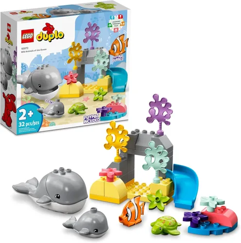 LEGO DUPLO - Juego de animales salvajes del océano 10972, con figuras de animales marinos de ballena y tortuga, juguetes educativos con divertidos